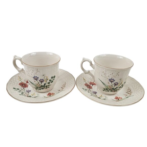 Mikasa Margaux 2 Flat Cup & Saucer Sets Floral Embossed Basketweave Japan 1980s - Picture 1 of 13